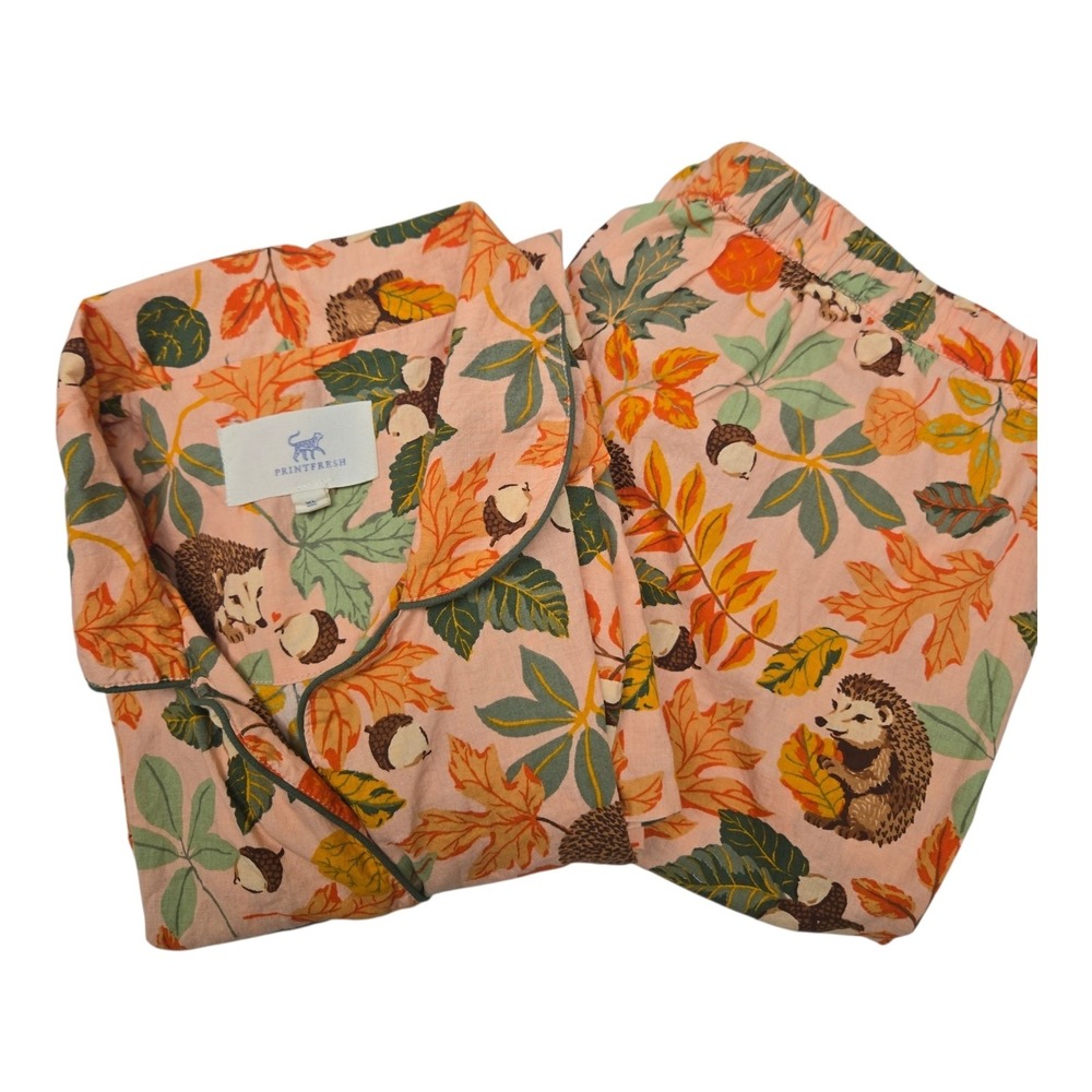 Printfresh XL Pink Hedgehog Autumn Leaves Cotton Pajama Set Long Sleeve Pants